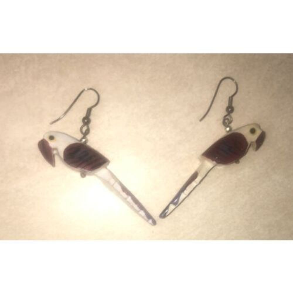 Vintage Wooden Hand Painted Parrot Bird Earings On Brass Fishhooks